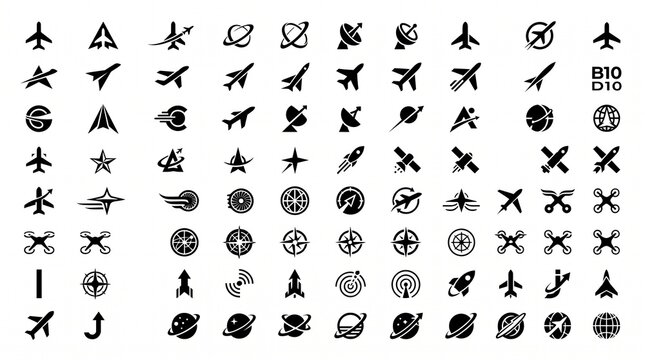 Minimalist aviation icon set, black airplane rocket satellite symbols, modern aerospace vector graphic elements