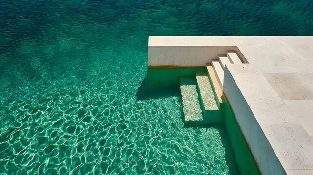 Aerial view of a modern white stone pool deck with steps leading into clear turquoise water. Generated by AI.