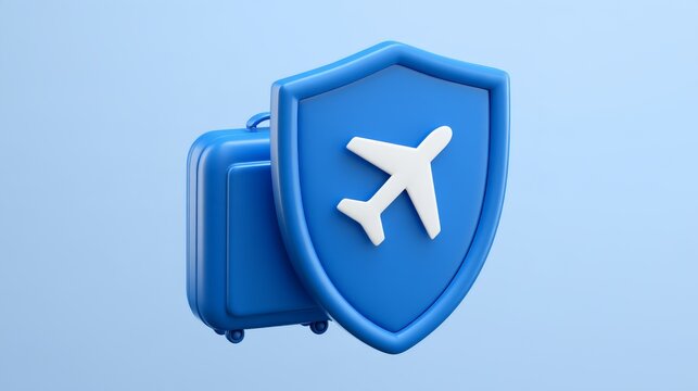 3D icon of a security shield with a suitcase and airplane For travel insurance, baggage protection, trip cancellation coverage, and secure international travel.