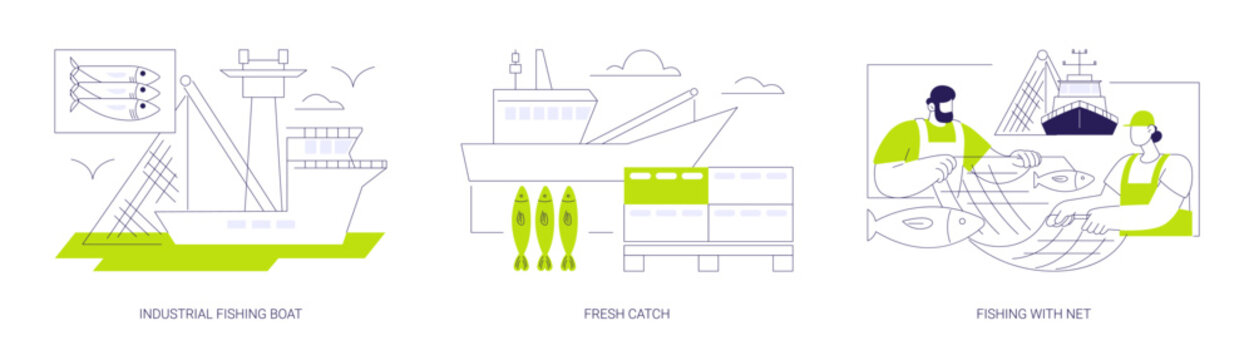 Commercial fishing industry abstract concept vector illustrations.
