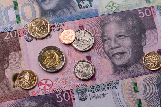 South Africa paper money, rand banknotes and cent coins as currency for exchange or travel