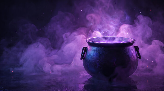 A mystical purple cauldron emitting smoke in a dark magical atmosphere