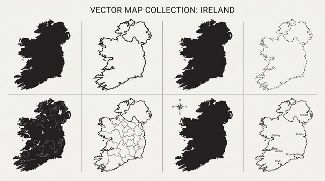 Collection of Ireland map templates displaying administrative boundaries, county divisions, outline variations, geographic silhouettes, cartographic references, vector design, regional mapping.