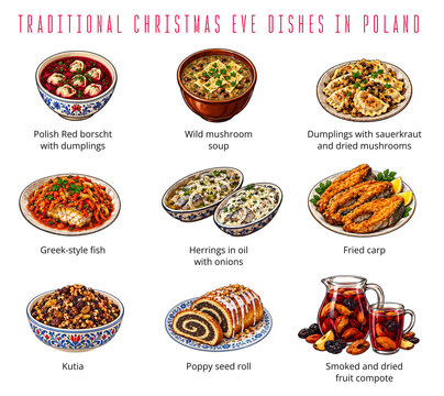 Traditional Polish Christmas Eve dishes set with red borscht, pierogi, wild mushroom soup, carp, herring, kutia, poppy seed roll, greek style fish and compote isolated on transparent background