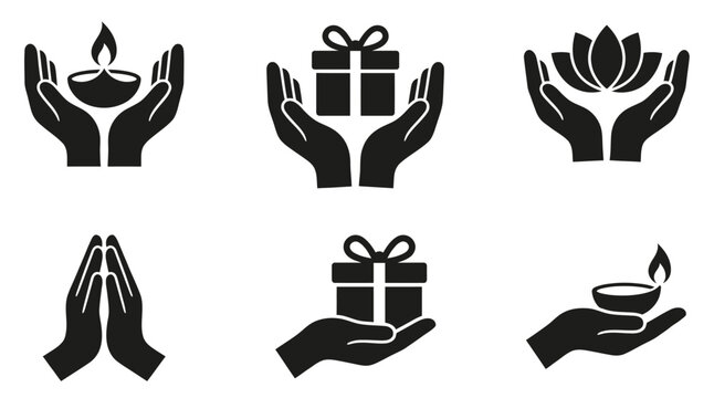 Minimalist hands icon set holding diya oil lamp, gift box, lotus flower, folded hands namaste symbol vector glyph illustrations