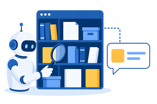 Research robot searching books for an answer