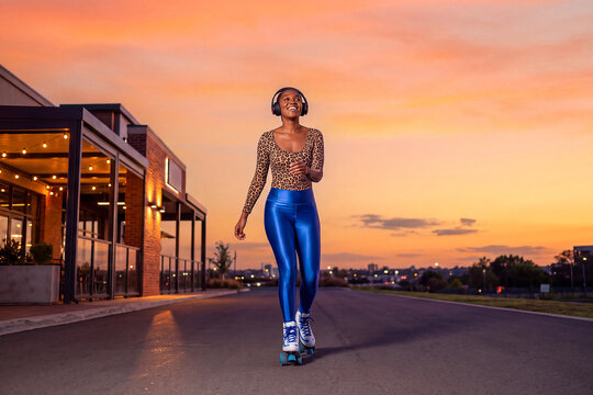 A beautiful black woman in her twenties roller skating while listening to music