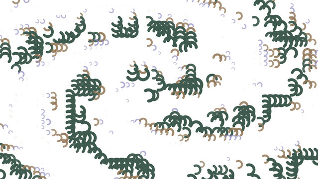 Abstract background, with scattered green, and light purple, curved line segments, forming organic shapes, on a solid, black backdrop surface isolated on a transparent background