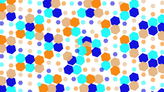 Abstract background, with scattered orange, blue, and light, brown hexagon shapes, of varying sizes, arranged on a, solid black background pattern isolated on a transparent background