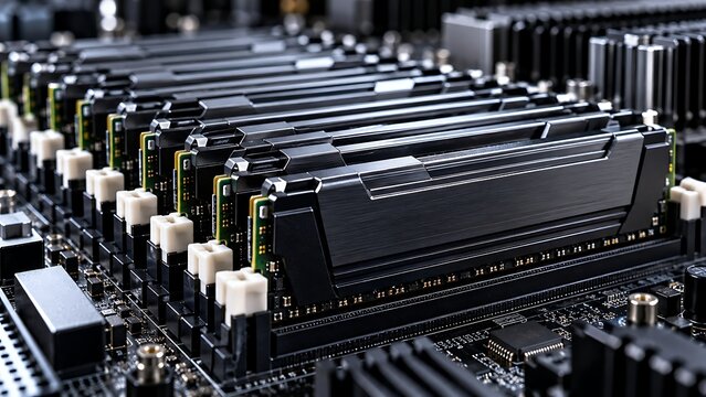 Row of Server ECC Registered DDR5 Memory Modules in Memory Bank