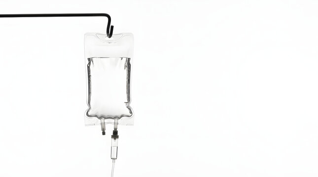 3D rendered realistic clinical IV fluid bag hanging from a black metal pole hook against a plain white background with generous negative space on the right side for graphic design layout purposes