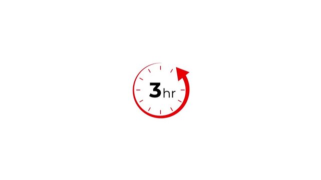 3hr red clock timer animation with rotating arrow and motion graphic.