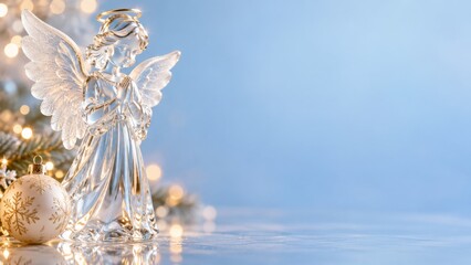 Fototapeta premium Transparent Glass Angel with Feathered Wings on an Icy Blue Surface