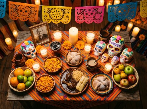 Dia de los Muertos altar with grandmother portrait, mole, tamales, pan de muerto, fruit baskets, candles and papel picado banner