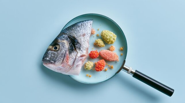 Magnifying lens with simulated germs, viruses, bacteria, food allergy concept. Gilt-head bream fresh raw fish dorada without scales and gills, dorade fish