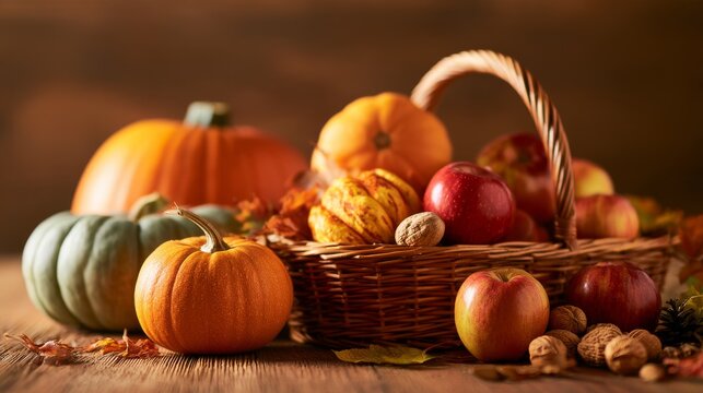 Thanksgiving day background with empty copy space. Pumpkin harvest in wicker basket. Squash, orange vegetable autumn fruit, apples, and nuts on a wooden table. Halloween decoration fall design.