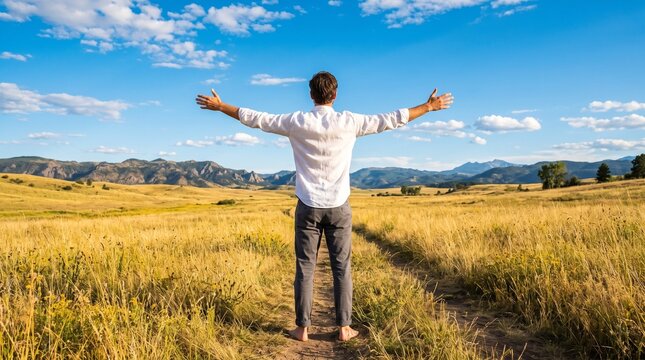 Person with outstretched arms enjoying a vast open landscape