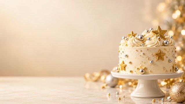 Ivory Festive Cake with Golden Stars and Silver Pearls on a Pedestal