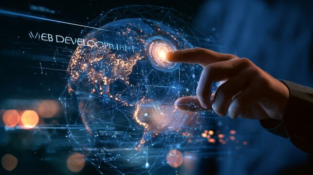 Web developer touching the icon and the word "web development" on a global network coding design framework responsive interface backend frontend innovation scalable applications, and digital solutions