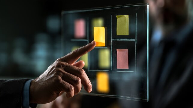 Business developer hand using Kanban board framework on virtual modern computer showing innovation Agile software development lean project management tool for fast changes concept