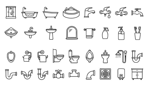 Bathroom Plumbing Sanitary Fixtures and Water System Outline Icon Collection