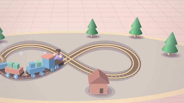 Wooden toy train running on a figure eight track with pine trees