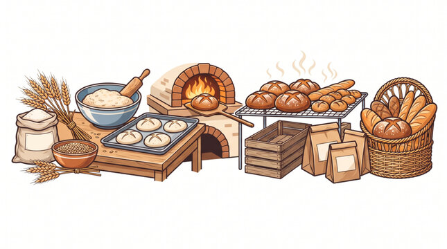 Bread production process infographic showing wheat harvesting to baked loaf
