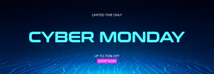 Fototapeta premium Futuristic Cyber Monday banner. Vector illustration with blue glowing sign of Cyber Monday on technology background with circuit board traces. Promotion, advertising and social media ads concept.