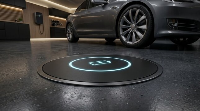 Electric vehicle parked over a wireless induction charging pad in a
