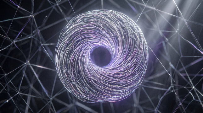 Toroid fiber optic digital doorway hovering within a geometric wireframe spatial construct representing advanced networking technology and connectivity