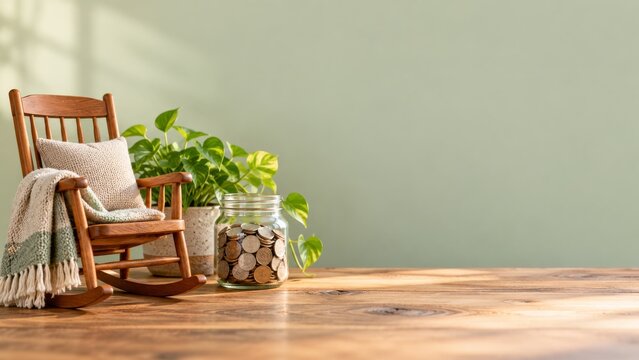 Wooden rocking chair with a knitted throw beside a retirement savings jar