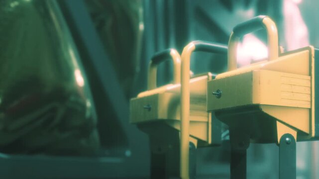 In a shadowy urban scene, two sturdy yellow security locks gleam under faint light. They are affixed to a structure, providing a sense of safety and protection in the quiet night.