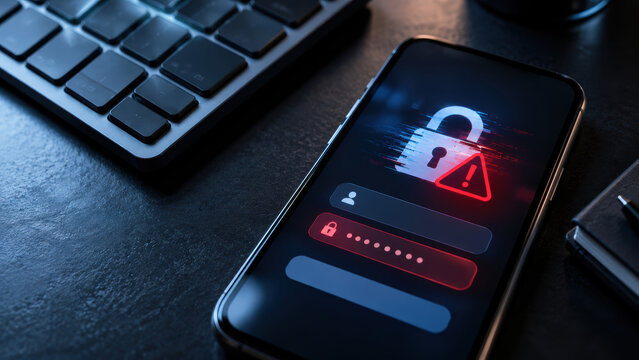 Social media account hijacking warning on smartphone with lock icon and keyboard on dark desk
