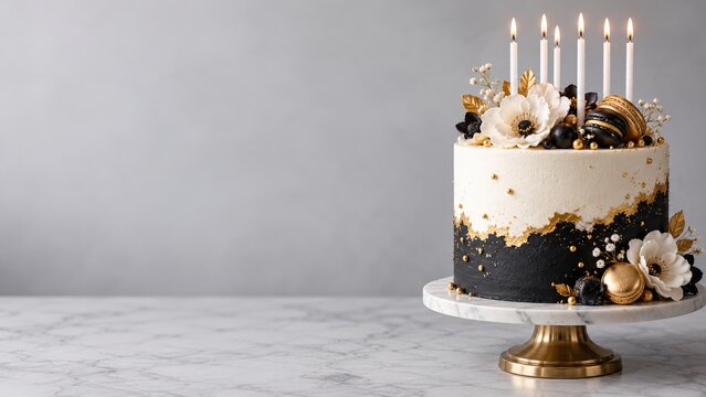 Black and ivory birthday cake with gold leaf and flowers on a marble pedestal