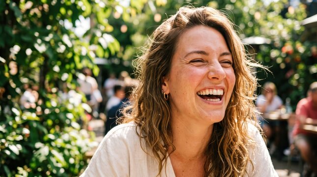 A joyful young woman laughing heartily outdoors in a sunny garden patio, wearing a white shirt and gold hoop earrings, with a vibrant green foliage and blurred restaurant background, capturing happy.