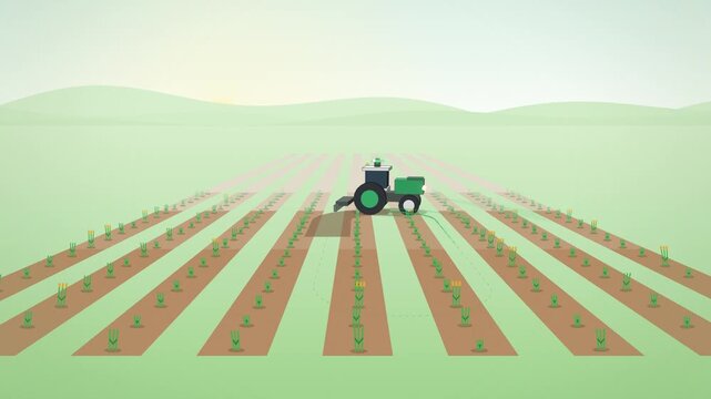 Autonomous tractor driving along wheat rows in a pale green field