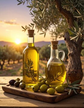 Olives and olive oil in a bottle. Olives and olive oil in a bottle on the background of the evening olive grove