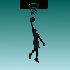 Basketball Player Slam Dunk Silhouette Poster on Teal Gradient Background © Ari