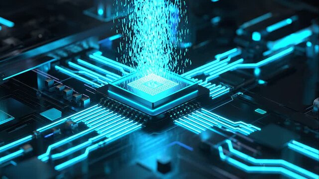 Vibrant abstract network of futuristic neon circuit pathways illuminated in magenta, cyan, orange and blue, featuring intricate details, digital technology and dynamic electronic connectivity.