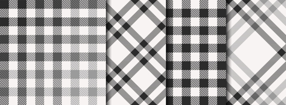 Seamless black and white plaid tartan pattern, fabric swatch collection, vector background