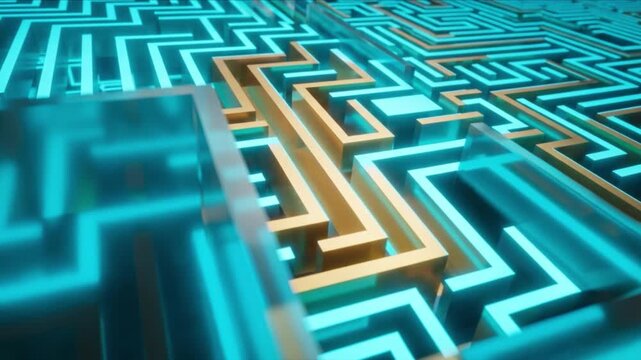 宝箱の鍵穴から光る幾何学迷路空間へズーム進入するサイバー背景動画