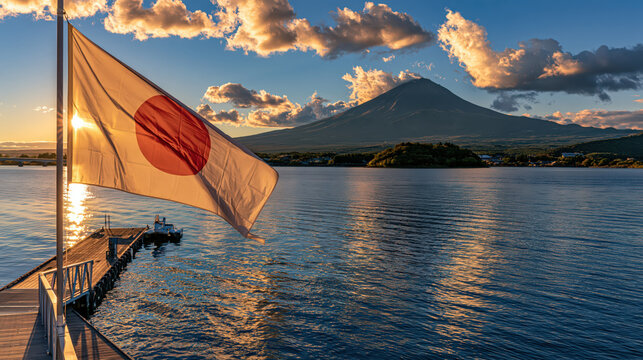 Japanese flag over lake with Mount Fuji at sunset, creating tranquil scenic view