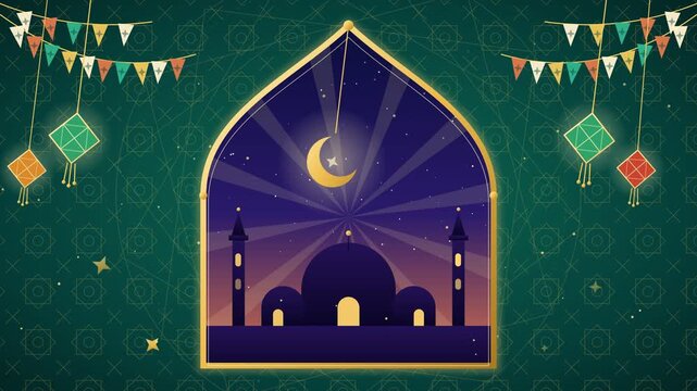 Ramadan Kareem greeting background with mosque silhouette and hanging lanterns