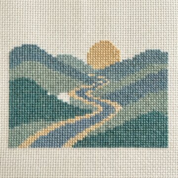 Pixel art landscape with a winding road and orange sun over mountains