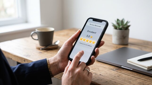 Businessman holding smartphone showing excellent five star customer review rating feedback, positive online reputation management, high satisfaction score on mobile device screen