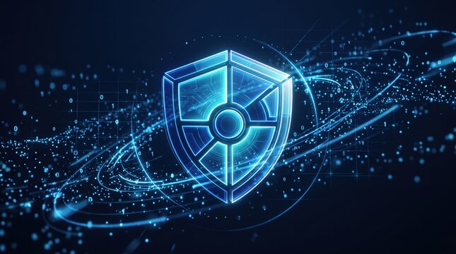 Futuristic glowing blue digital shield icon representing advanced cybersecurity protection, data encryption, and network security against cyber threats in a high tech abstract