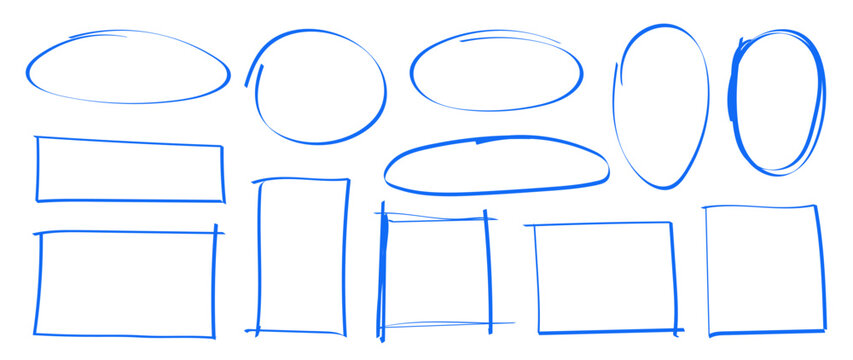 Hand drawn blue marker frames vector set, imperfect doodle circle oval square border line art highlight elements