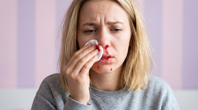 Young woman holding a cotton pad to her bleeding nose, experiencing a sudden nosebleed at home, wiping blood from her face with a concerned expression, conceptual healthcare and first aid stock photo.