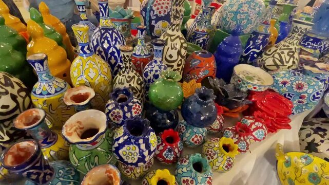 handmade ceramics, handmade colorful dishes , Handicraft kettle item, Colorful Handmade Pottery and Ceramics, Souvenir Shop in lok virsa mela Islamabad