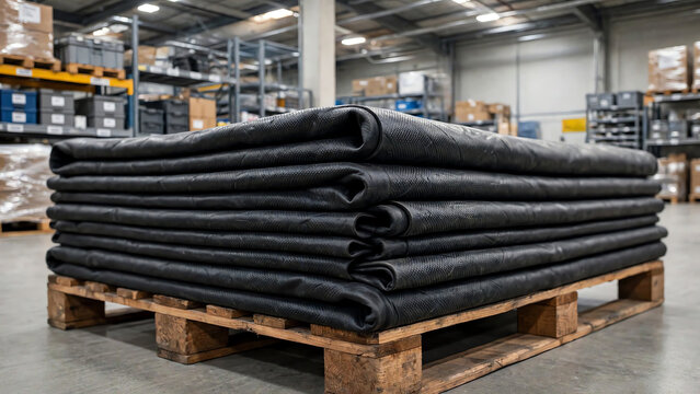 Stacked black industrial rubber sheets folded on wooden pallet in warehouse factory, EPDM rubber membrane material for roofing and manufacturing storage